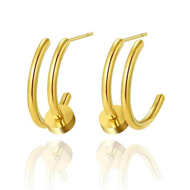 Double-Deck C-shaped STAINLESS STEEL STUD EARRINGS inlayed with Rhinestone / Boucle d'oreilles en acier inoxydable