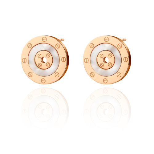 Round STAINLESS STEEL STUD EARRINGS inlayed with Mother of pearl / Boucle d'oreilles en acier inoxydable