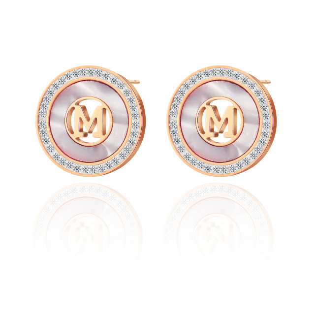 M letter Round STAINLESS STEEL STUD EARRINGS inlayed with Mother of pearl and Rhinestone / Boucle d'oreilles en acier inoxydable