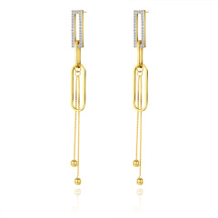 Elliptical Ring Gold Ball STAINLESS STEEL CHAIN TASSELS EARRINGS inlayed with Rhinestone / Boucle d'oreilles en acier inoxydable