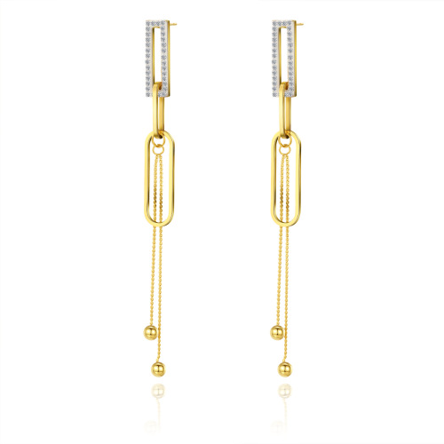 Elliptical Ring Gold Ball STAINLESS STEEL CHAIN TASSELS EARRINGS inlayed with Rhinestone / Boucle d'oreilles en acier inoxydable