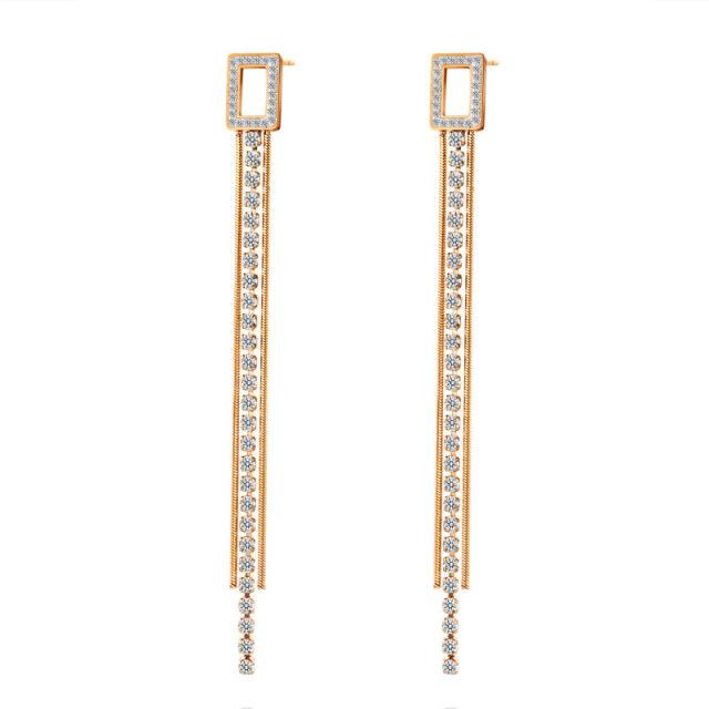 European Style STAINLESS STEEL CHAIN TASSELS EARRINGS inlayed with Rhinestone / Boucle d'oreilles en acier inoxydable