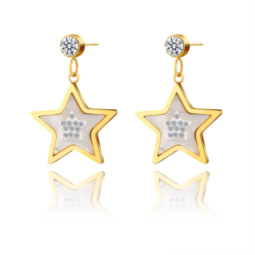 Five-Pointed Star STAINLESS STEEL EARRINGS inlayed with Mother of pearl and Rhinestone / Boucle d'oreilles en acier inoxydable
