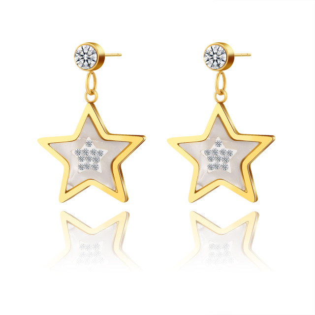 Five-Pointed Star STAINLESS STEEL EARRINGS inlayed with Mother of pearl and Rhinestone / Boucle d'oreilles en acier inoxydable