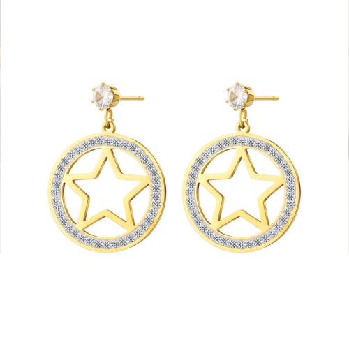 Circle Ring Five-Pointed Star STAINLESS STEEL STUD EARRINGS inlayed with Rhinestone / Boucle d'oreilles en acier inoxydable