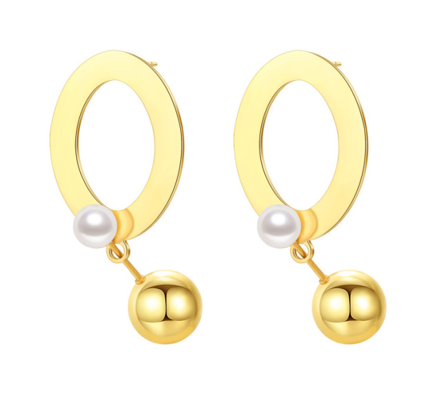 Baroque Pearl Gold Ball Eliptical Ring STAINLESS STEEL STUD EARRINGS / Boucle d'oreilles en acier inoxydable