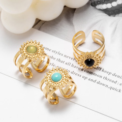 WHOLESALE Elegant Sunflower Natural Stone STAINLESS STEEL OPEN RINGS / Bague en acier inoxydable