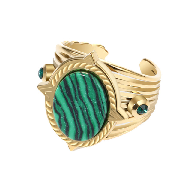 WHOLESALE Vintage 18K Gold Malachite STAINLESS STEEL OPEN RINGS / Bague en acier inoxydable