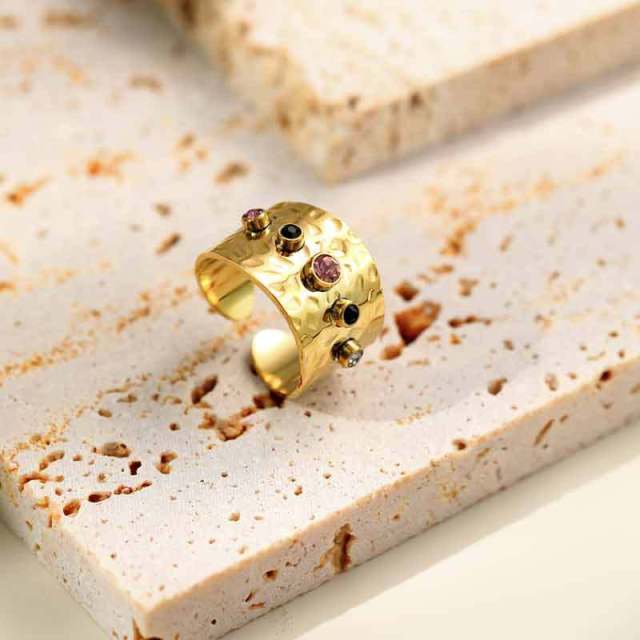 14K Gold Texture Colours Zircon STAINLESS STEEL OPEN RINGS / Bague en acier inoxydable