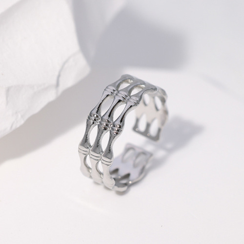 Stainless Steel Opening Three-Layered Hollow Bamboo Joints Ring / Bague ouverte en acier inoxydable