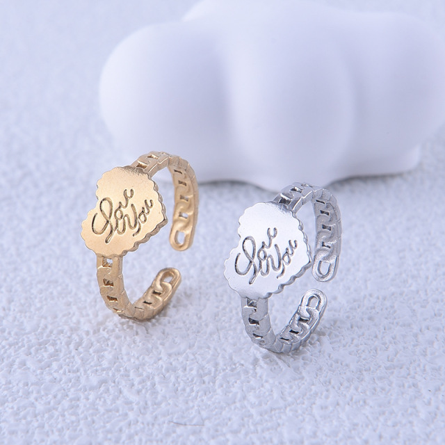 Fashionable Heart Chain Engraved Stainless Steel Opening Ring / Bague ouverte en acier inoxydable