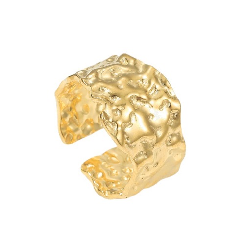 Factory Jewelry Direct Stainless Steel Gold Plated Irregular Hammer Pattern Adjustable Wide Ring