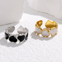 PVD Stainless Steel Gold Plated Heart-Shaped Enamel Open Ring