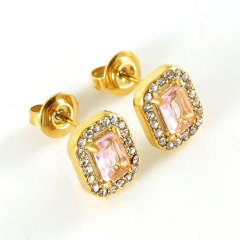 Gold Plated Stainless Steel Cubic Zirconia Square Stud Earrings