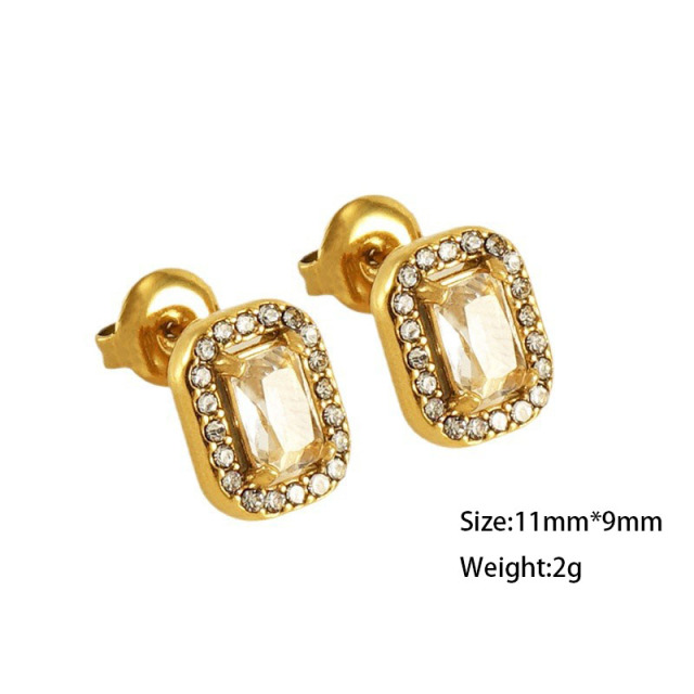 Gold Plated Stainless Steel Cubic Zirconia Square Stud Earrings