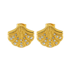 Texture Stainless Steel Shell Shape Stud Earrings with Rhinestone