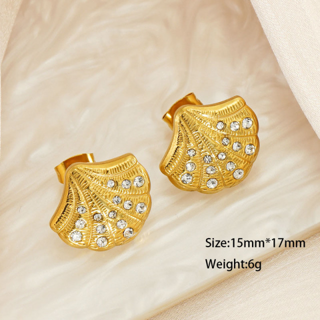 Texture Stainless Steel Shell Shape Stud Earrings with Rhinestone