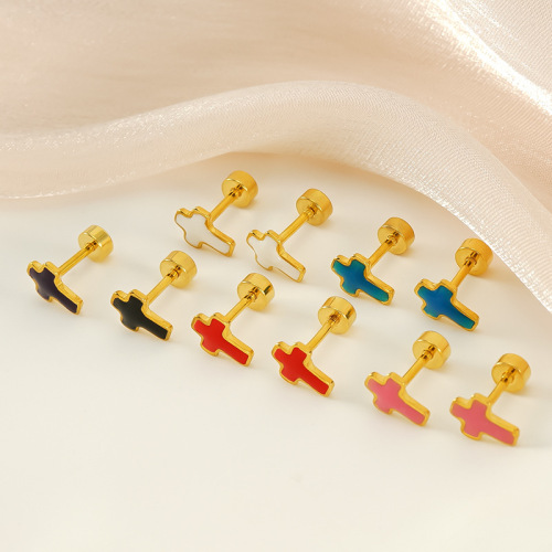 Simple Cross Stainless Steel Stud Earrings with Enamel