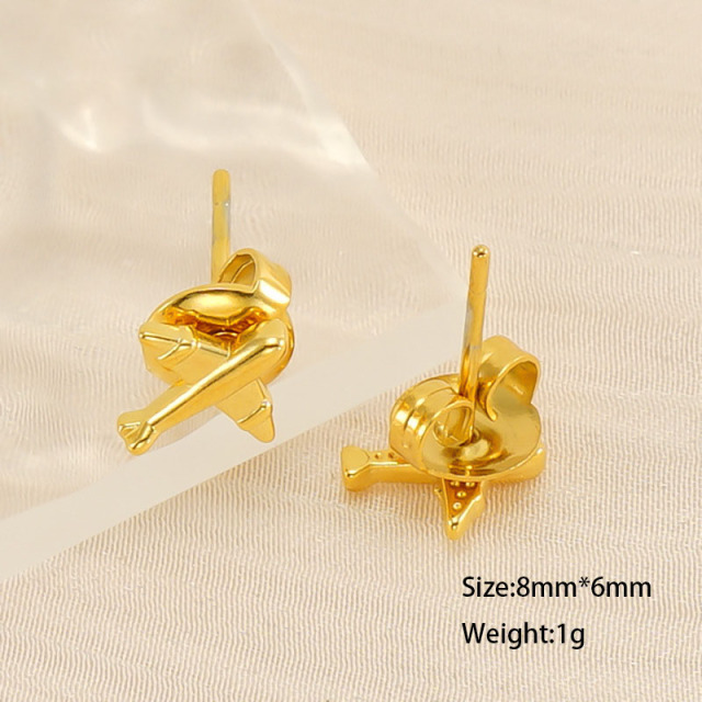 Mini 18K Gold Plated Airplane Stainless Steel Stud Earrings