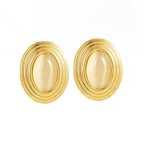 Retro Oval Stainless Steel Stud Earrings with Natural Stones