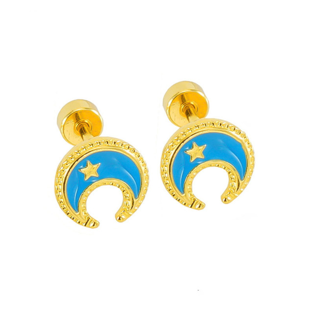 Crescent Moon inlay Star Stainless Steel Stud Earrings with Enamel