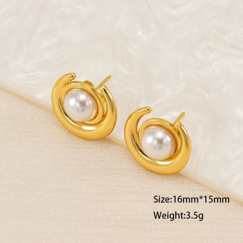 316L Stainless Steel Elegant Moon Stud Earrings with Pearl