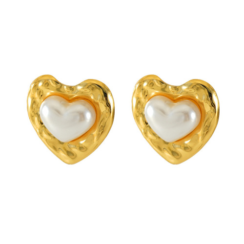 Vintage Heart-Shape Pearl Texture Stainless Steel Stud Earrings