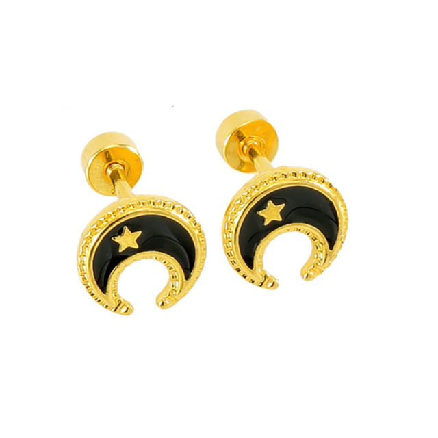 Crescent Moon inlay Star Stainless Steel Stud Earrings with Enamel
