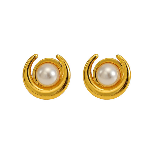 French Style PVD Coated Inlay Pearl Stainless Steel Stud Earrings
