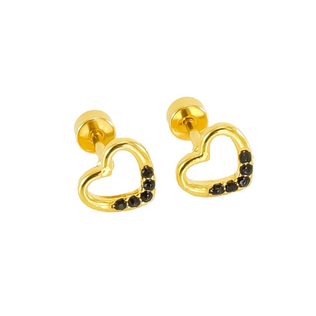 Gold heart outline with rhinestone Stainless Steel Stude Earrings