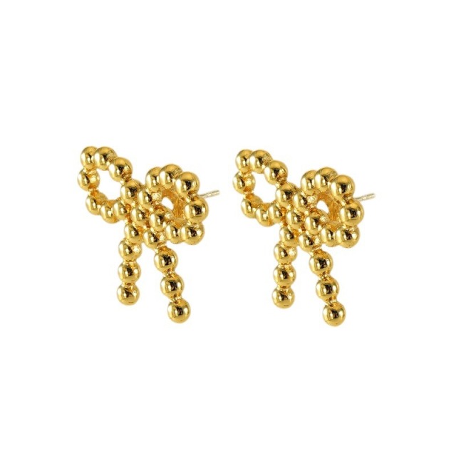 Personalized  18k Gold Beaded Bowknot Stainless Steel Stud Earrings