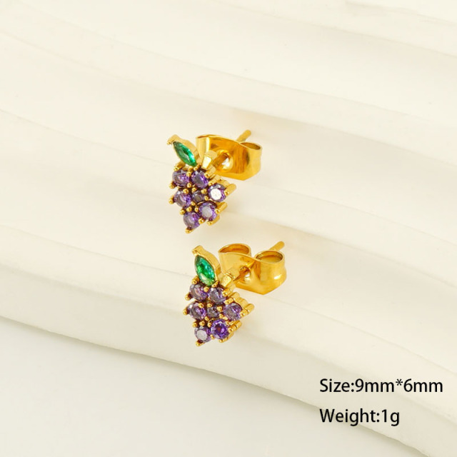 Sweet 18k Gold Grape Stainless Steel Stud Earrings with Zircon