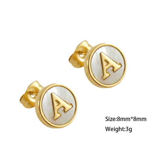 26  Letter   Round Shell Stainless Steel Gold Plated  Stud  Earrings