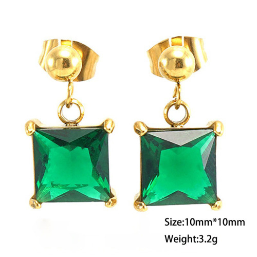 PVD Plated  Square Raised Stainless Steel Stud Earrings With Zircon