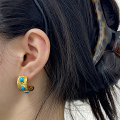 Stainless Steel Earrings With 3 Blue Turquoise Stones In the Shape of  the Moon