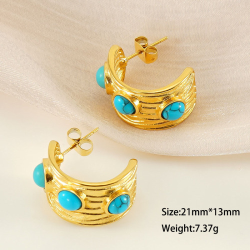 Stainless Steel Earrings With 3 Blue Turquoise Stones In the Shape of  the Moon