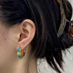 C-Shape French Vintage Turquoise Stainless Steel Gold-Plated  Stud Earrings