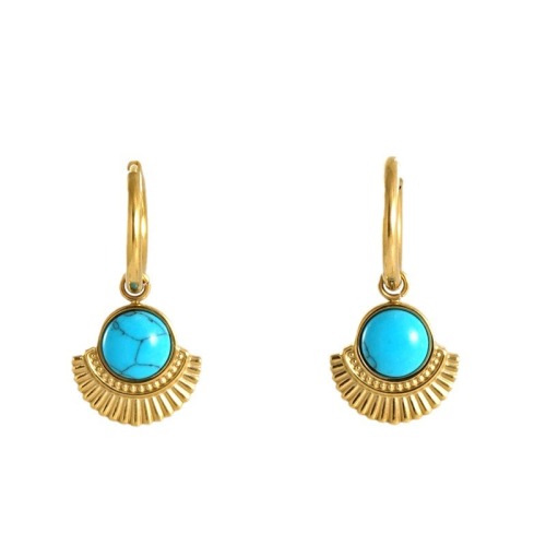 Stainless Steel Hoop Earrings Set With Round Turquoise Scalloped Pendants