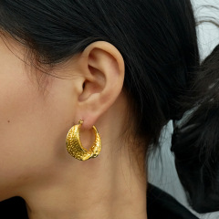 Round Textured Pleated Stainless Steel Gold Plated Earrings