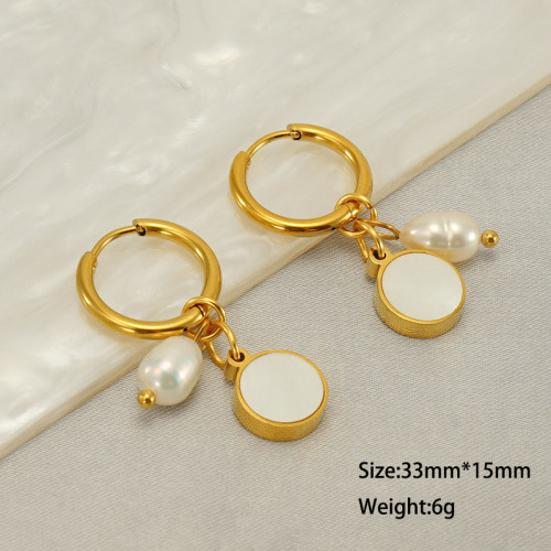 18K Gold Plated Natural Pearl & Round Shell  Stainless Steel Earrings