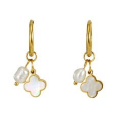 Earrings with Four-Leaf Clover and Natural Pearls in Stainless Steel