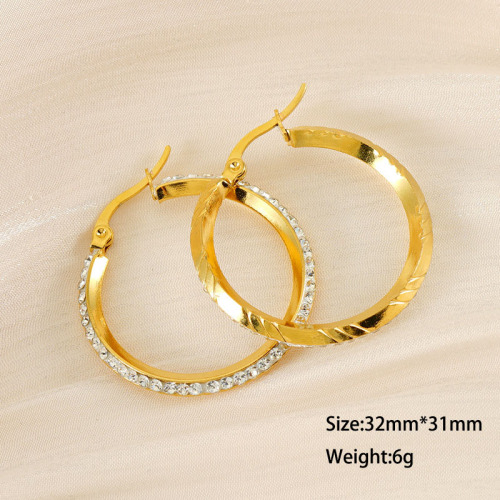 Stainless Steel Rhinestone Hoop Earrings with Windswept Patterns