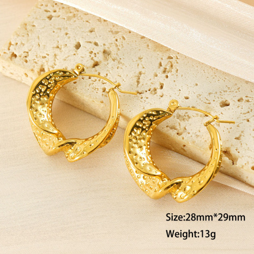 Round Textured Pleated Stainless Steel Gold Plated Earrings