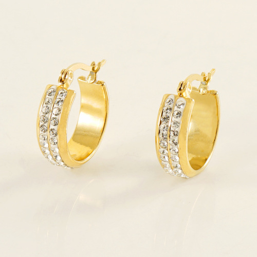 Hoop Stainless Steel Vintage Gold Earrings With Rhinestone