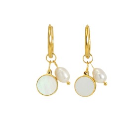 18K Gold Plated Natural Pearl & Round Shell  Stainless Steel Earrings