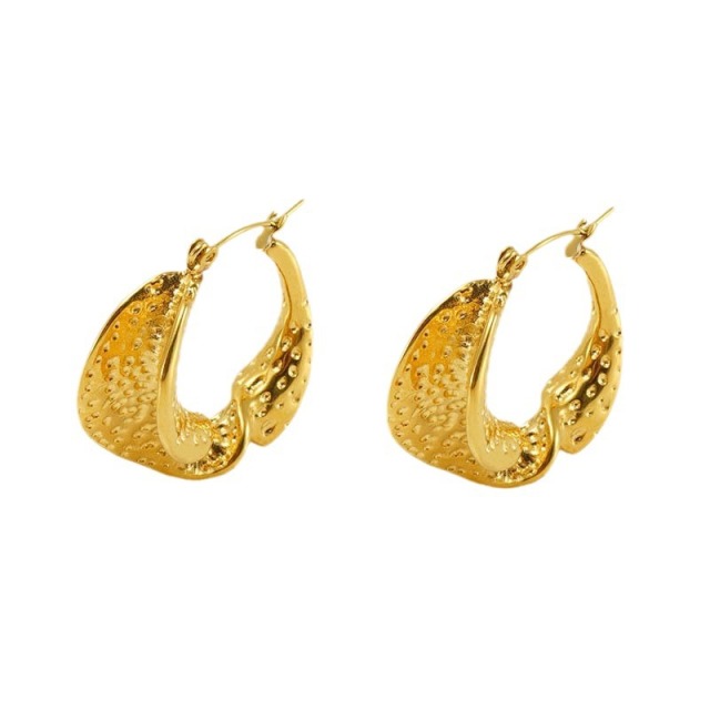 Round Textured Pleated Stainless Steel Gold Plated Earrings