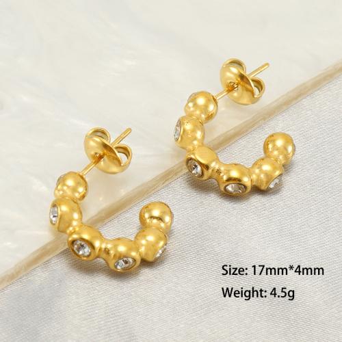 PVD Gold Plated C-Bead and Rhinestone Stainless Steel Stud Earrings