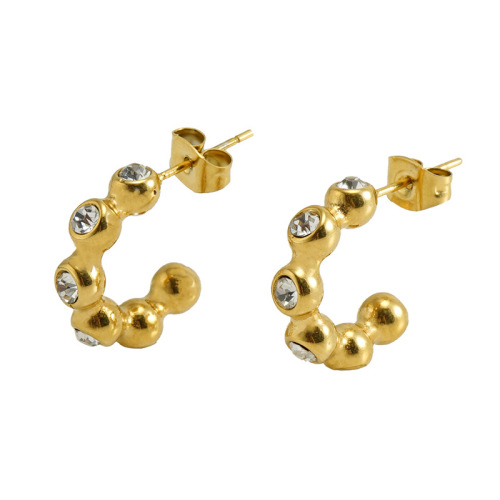 PVD Gold Plated C-Bead and Rhinestone Stainless Steel Stud Earrings