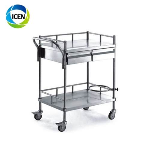 IN-677 Stainless Steel Hospital Apparatus Instrument Cart 2 Drawer Trolley