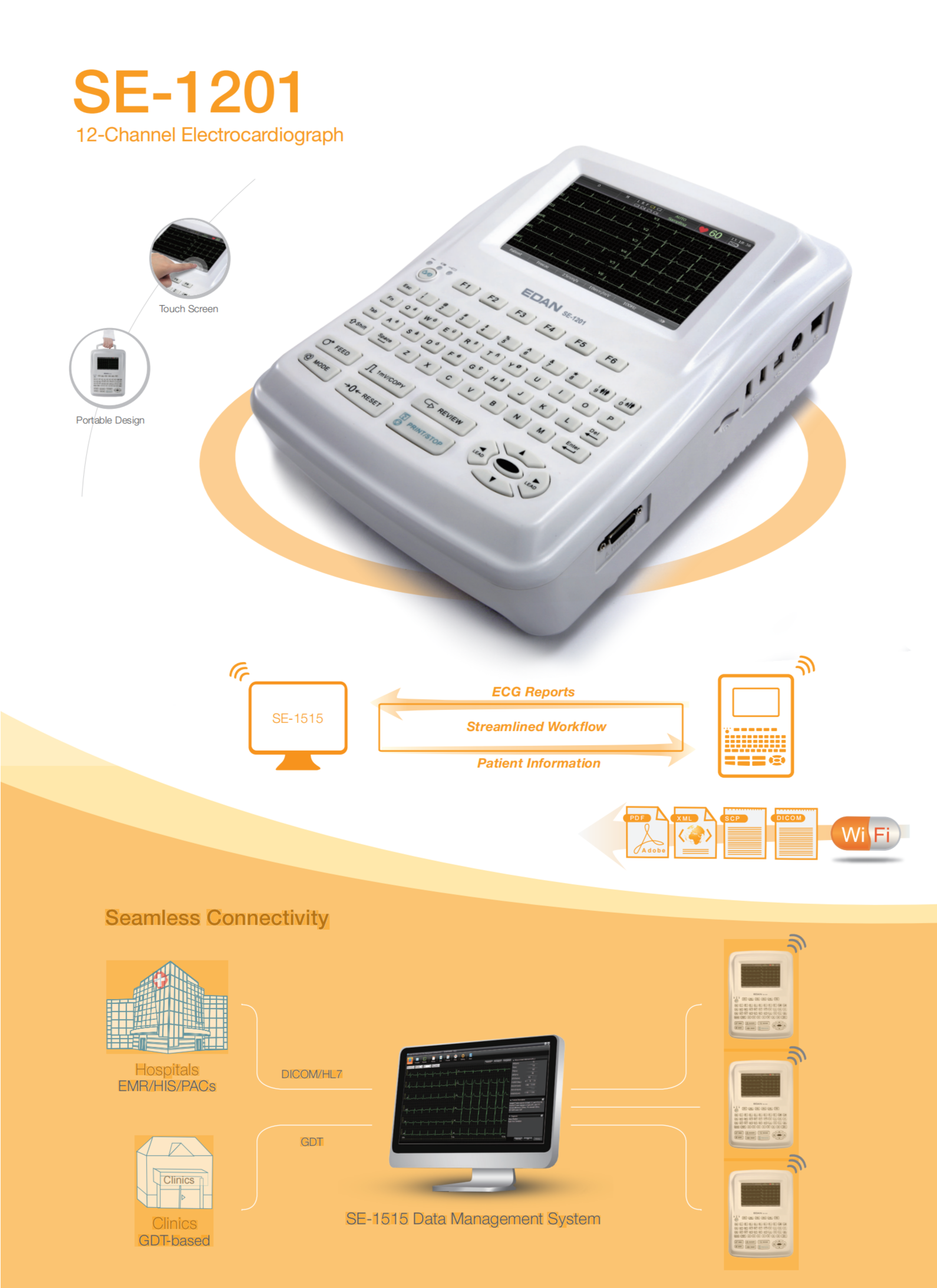 EDAN SE1201 Cheap Price 7 Inch 12 Leads Touch Screen Medical Ekg Portable Ecg Machine 6 Channel